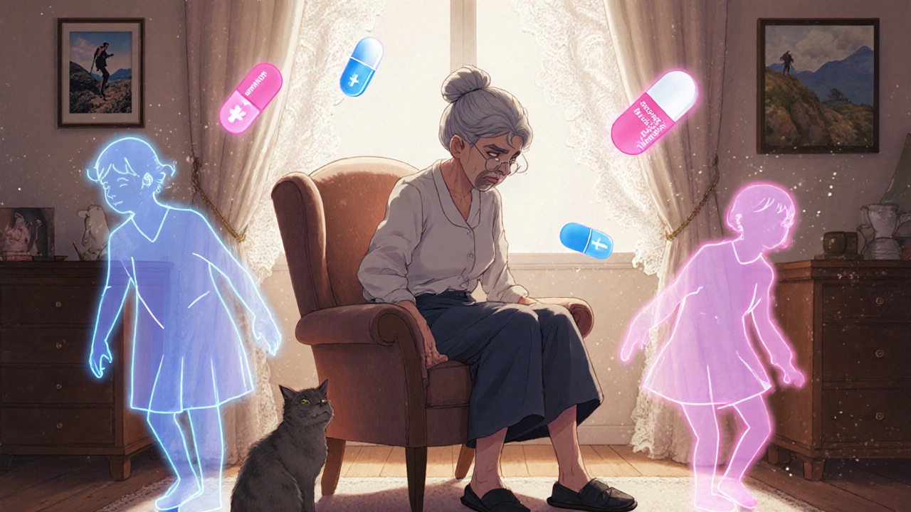 An elderly woman wobbling as ghostly pills float around her in a cozy bedroom.
