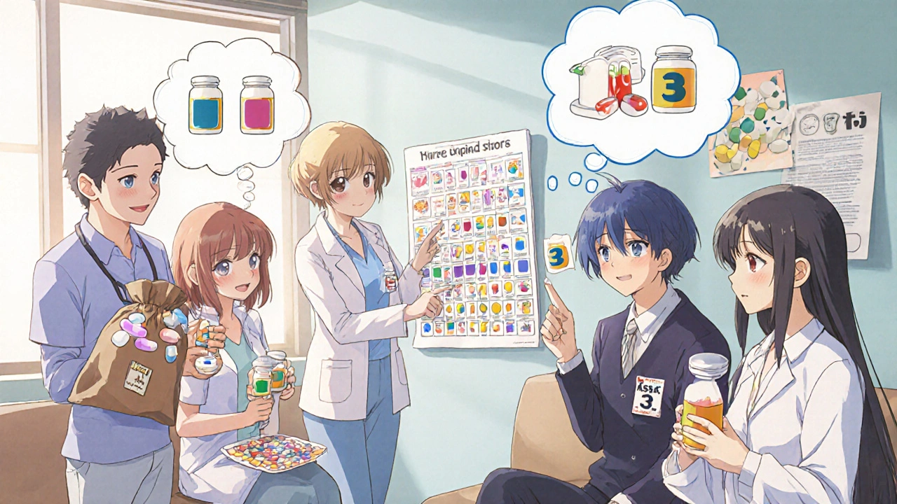 Diverse patients in a clinic learning about generic medications using a colorful visual chart.