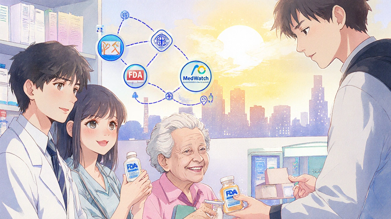 Diverse patients smiling while receiving generic meds, with digital safety icons floating above them.