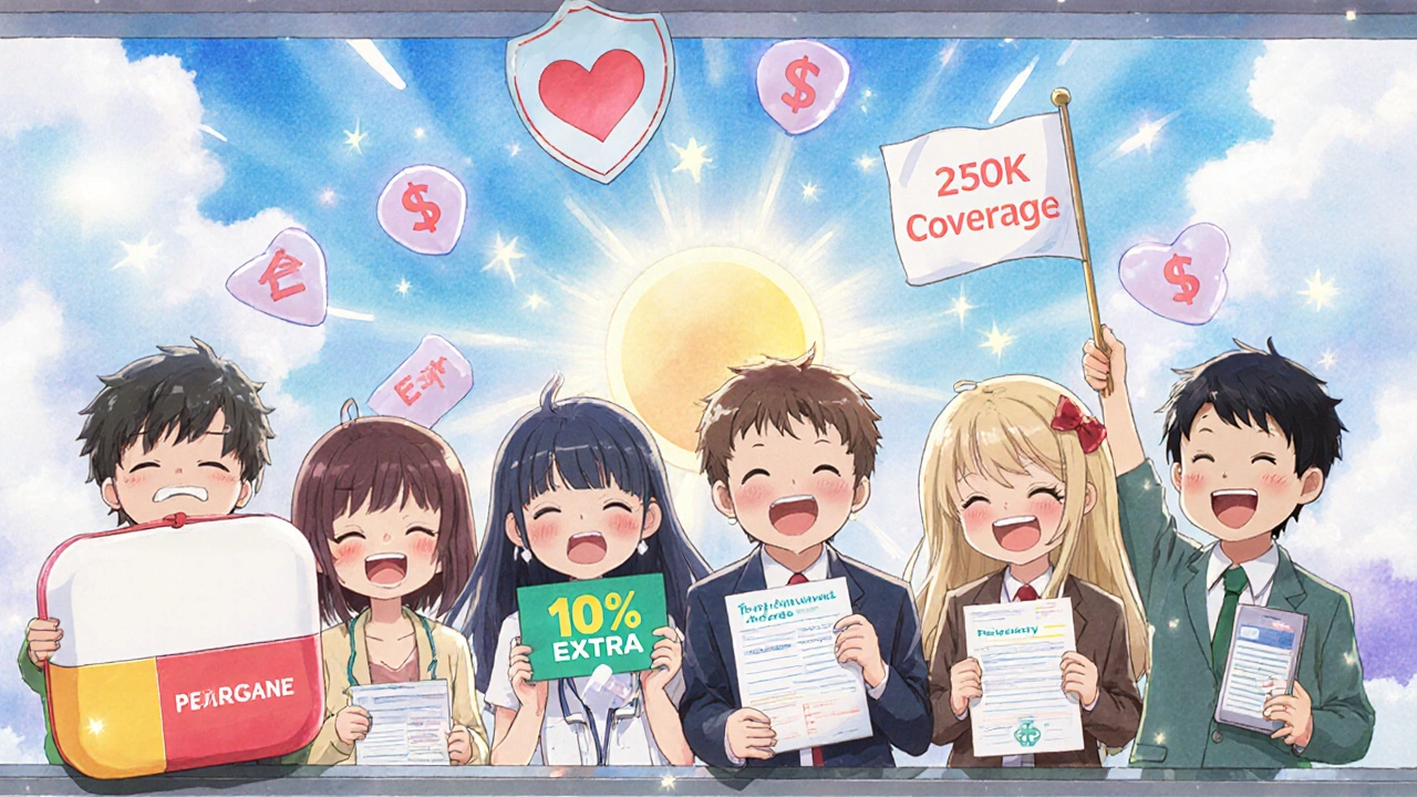 Diverse travelers at an airport holding glowing insurance cards and extra pills, protective aura and floating icons, cute anime moe style.