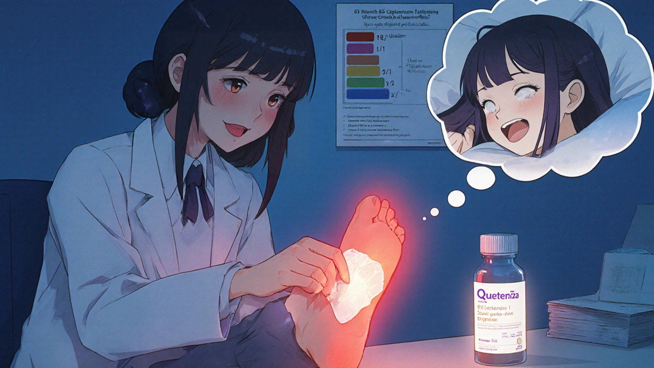 Doctor applying a capsaicin patch to a patient&#039;s foot in a clinic, with pain scale visualized nearby.