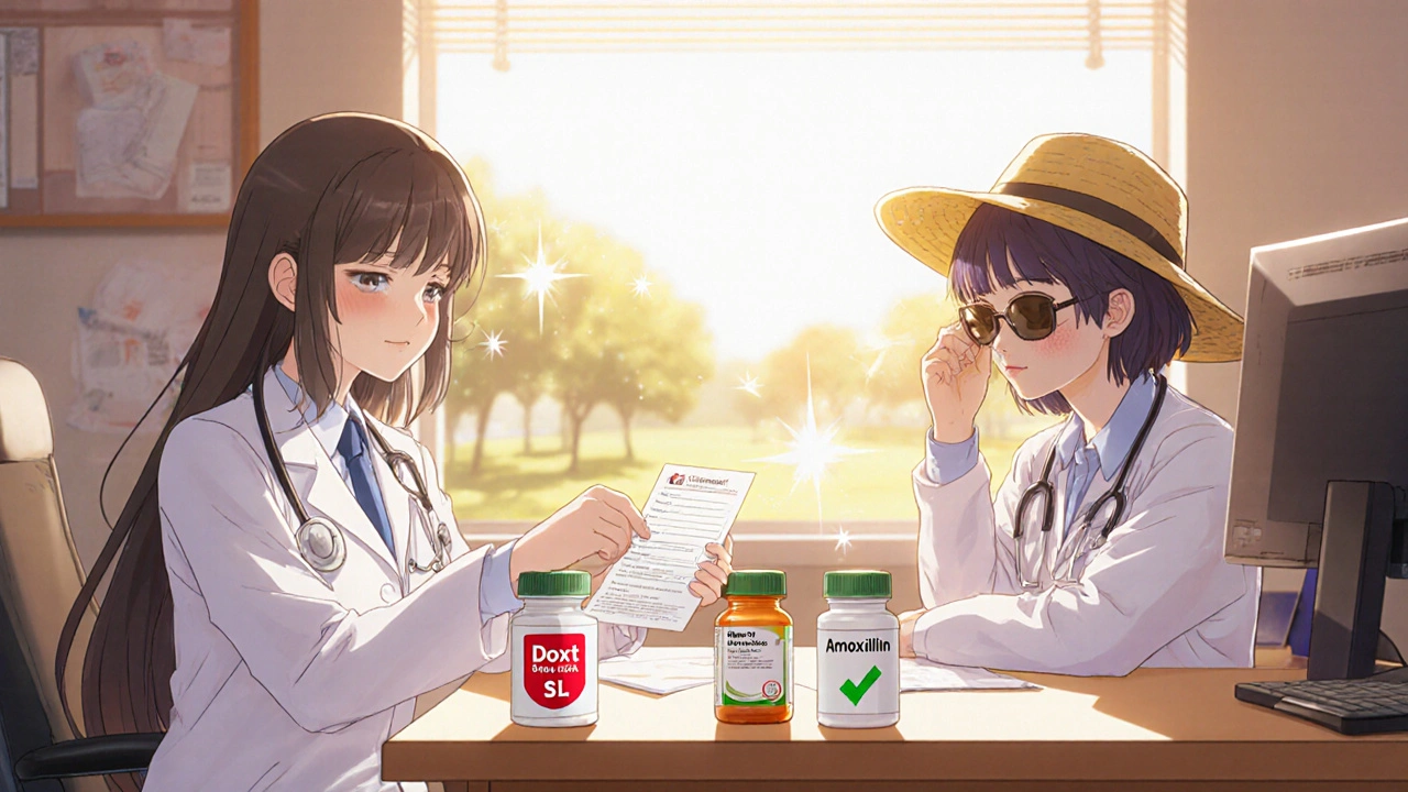 Doctor handing amoxicillin prescription to patient in office, sunblock and hat visible on desk.