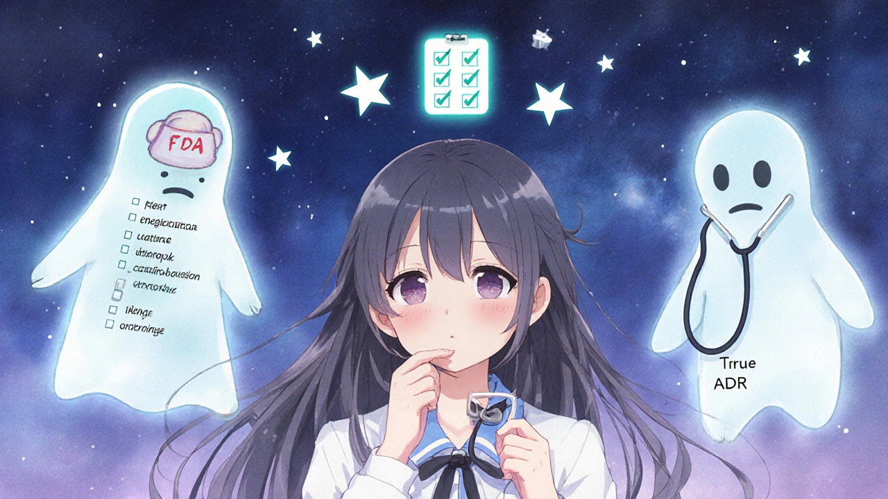 Girl hesitating with a pill and stethoscope, flanked by ghostly icons of medication error vs. true adverse reaction.