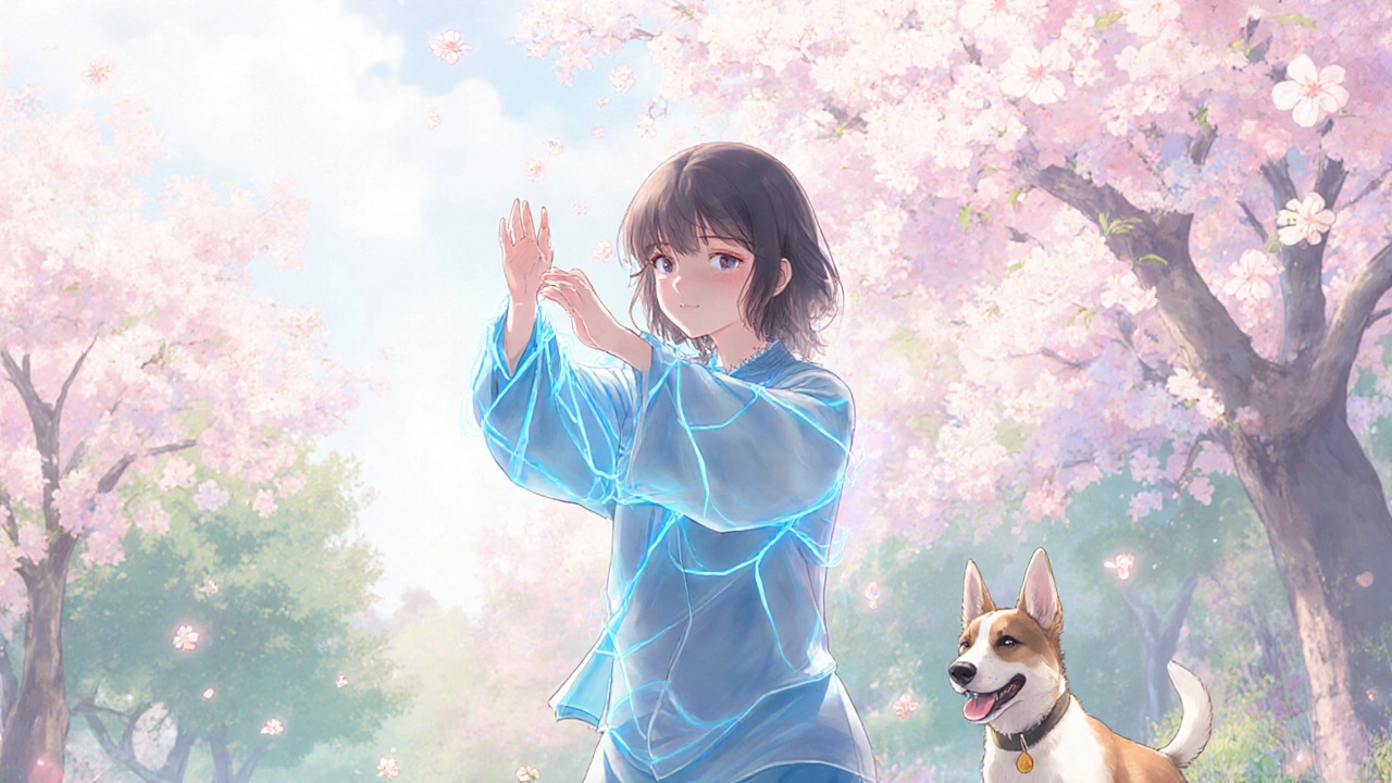 Girl practicing tai chi in a sunny yard with calming energy lines and cherry blossoms.