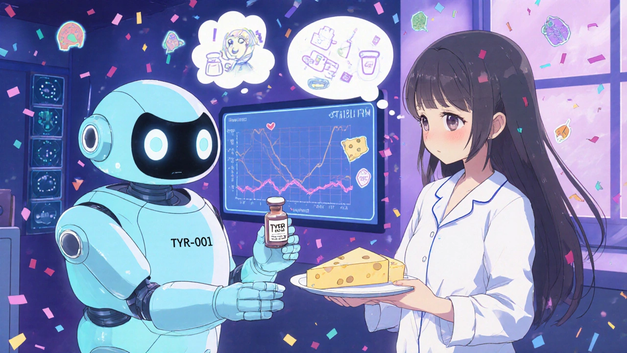 Girl receiving TYR-001 enzyme vial from cute robot, blood pressure graph stabilizing in background.