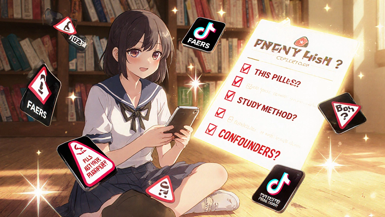 Girl scrolling on phone with alarming TikTok videos, while trusted medical sources glow beside her.