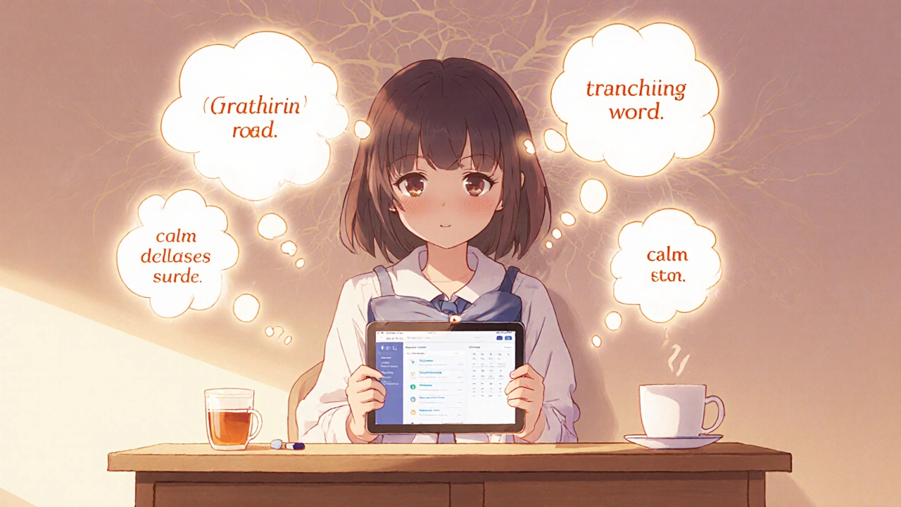 Girl using a CBT app with thought bubbles reassembling, pill and tea nearby, anime style.