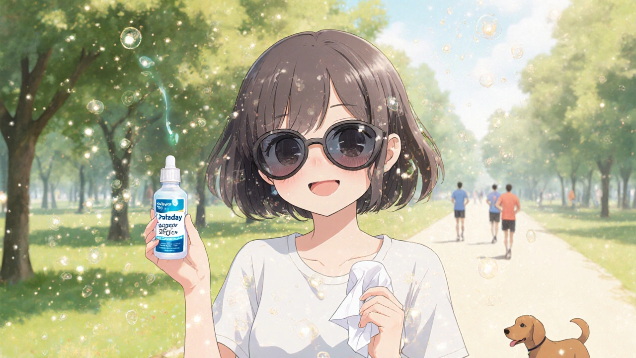 Girl walking in a park wearing sunglasses, pollen floating in the air, holding eye drops.