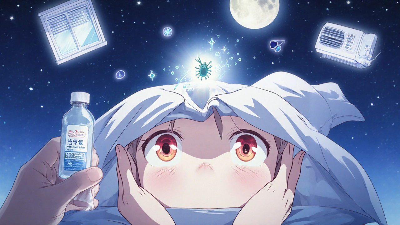 Hands changing pillowcase and using eye drops at night, pollen sprites being blown away.