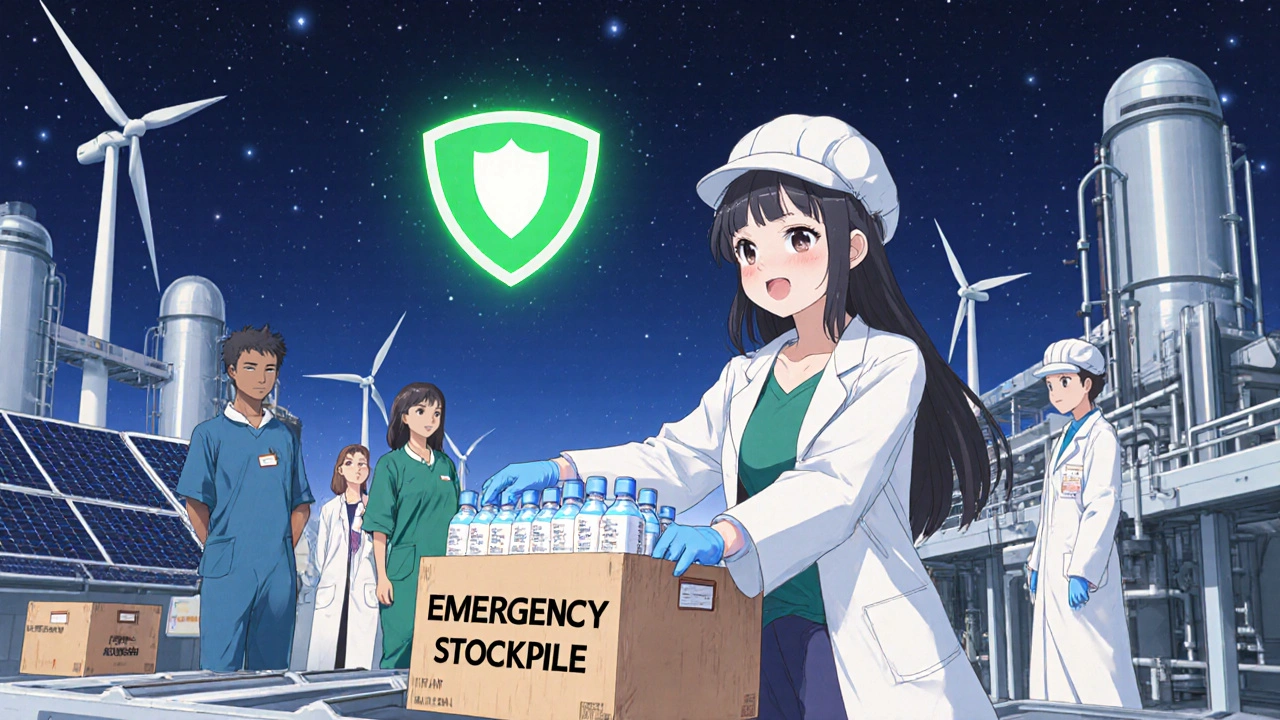 Healthcare workers load emergency medicine crates in a green-powered factory under a starry sky.