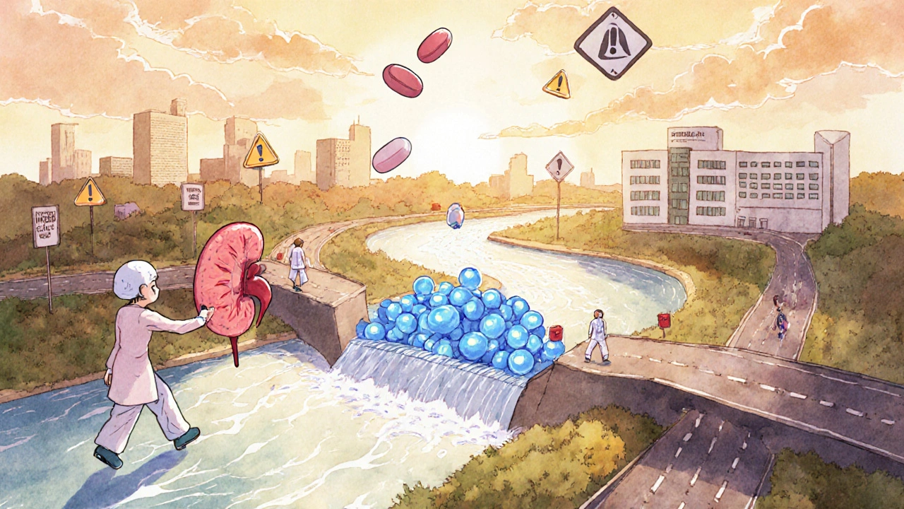 Kidney river blocked by NSAID pill, methotrexate particles piling up like traffic.