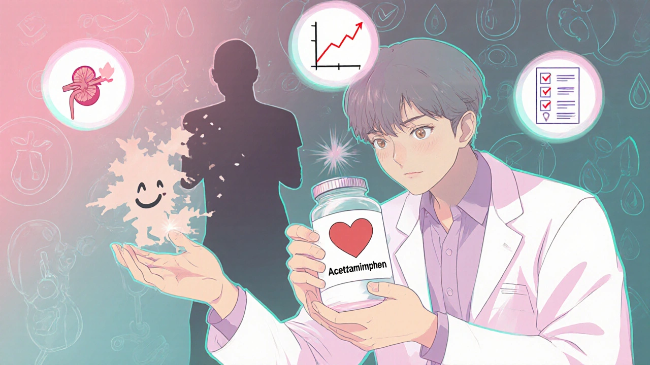 Pharmacist gives acetaminophen to patient as NSAID crumbles, kidney and eGFR icons glow safely.