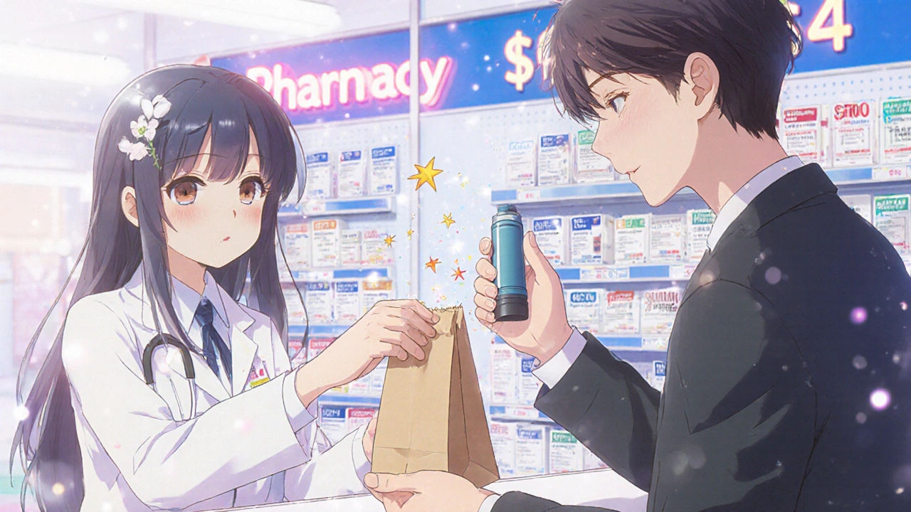 Pharmacist handing inhaler to customer with affordable generic labels visible