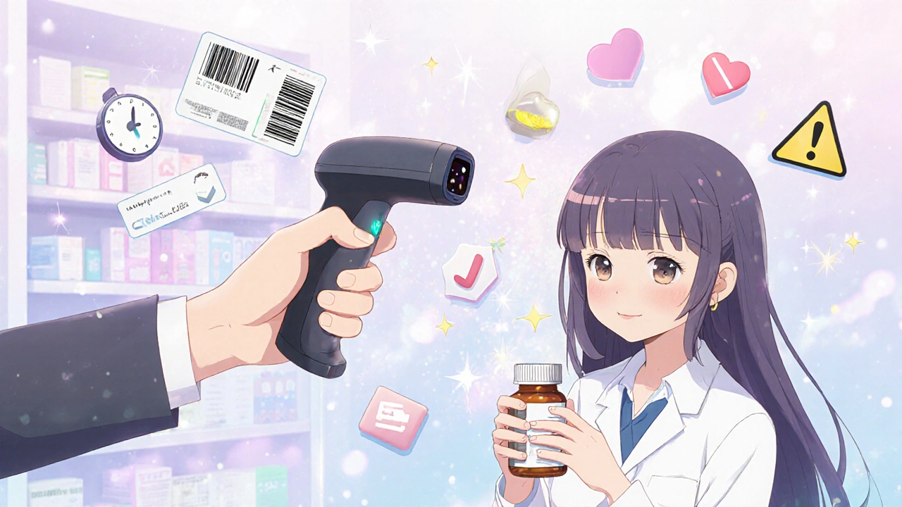 Pharmacist scans patient ID with animated confirmation effects, surrounded by safety and risk symbols.