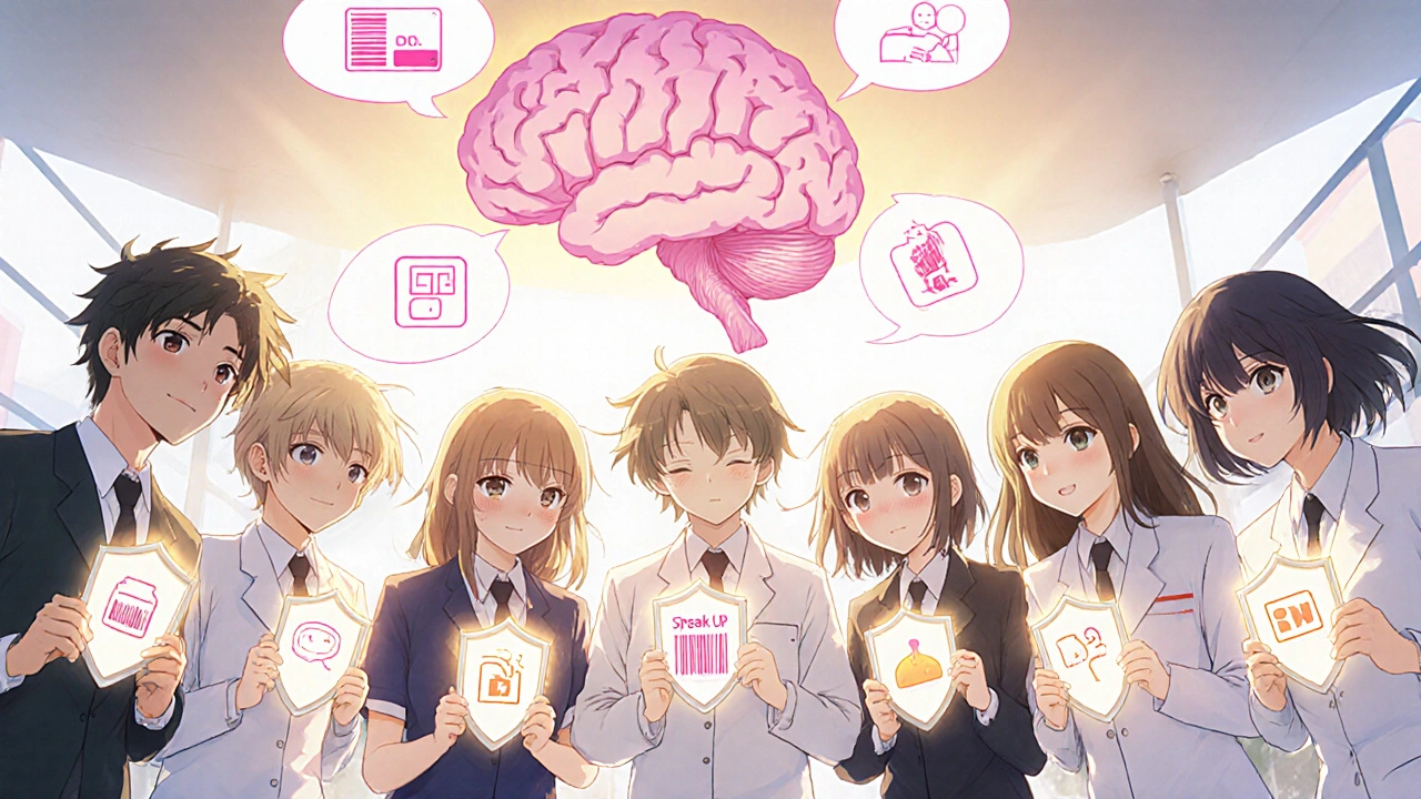 Pharmacy team stands united with glowing &#039;Speak Up!&#039; shields, symbolizing collective safety responsibility.