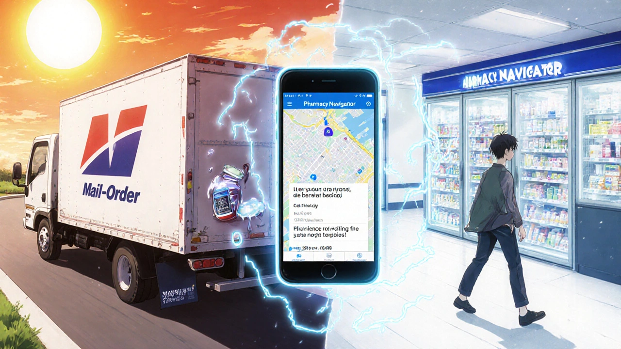 Split scene comparing risky mail-order insulin delivery vs safe local pickup