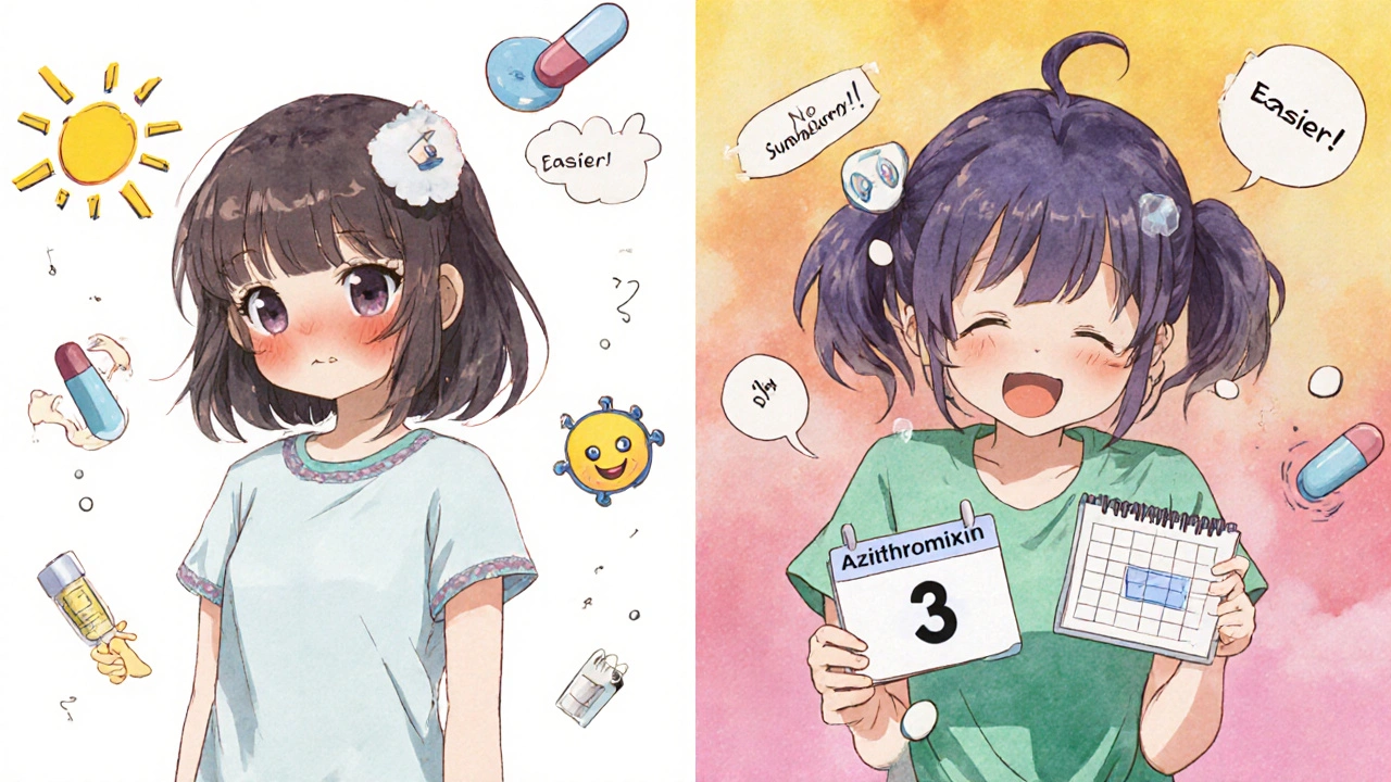 Split scene: girl with sunburn and side effects vs. same girl happy with single-dose antibiotic.