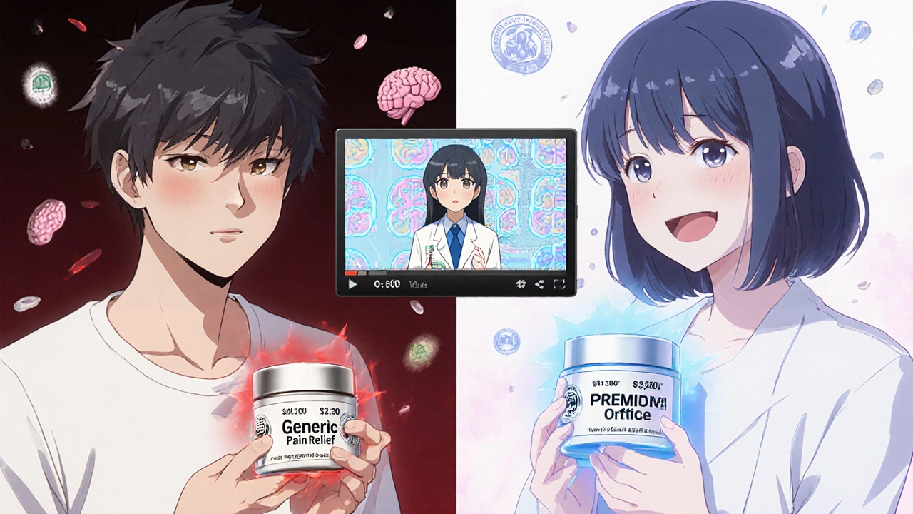 Split scene: same person reacting to identical cream labeled cheap vs. expensive, showing dark pain signals vs. soothing glow.