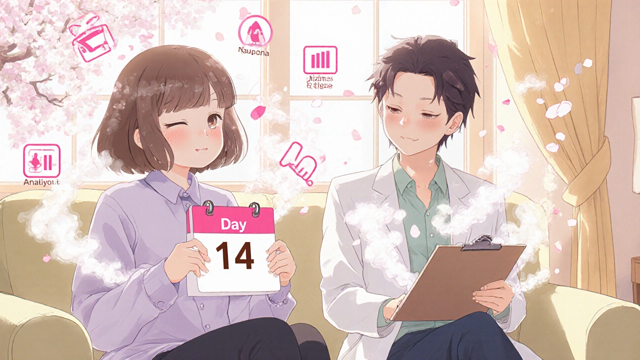 Therapist and patient together, watching side effect fears fade as a calendar marks day 14.