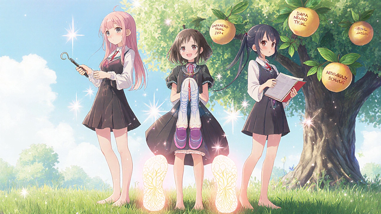 Three people in a garden holding foot care tools, symbolizing daily management and new treatments.