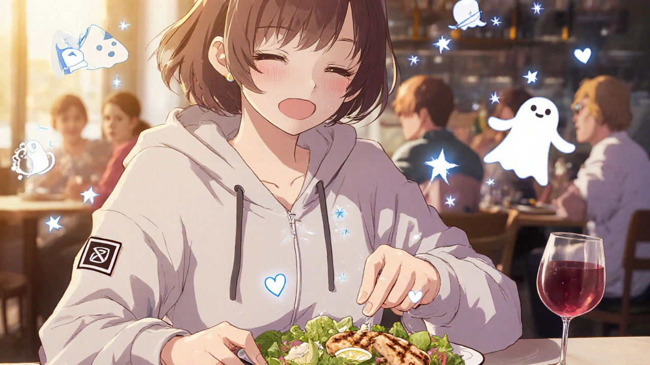 Woman enjoying a healthy salad with Emsam patch on arm, banned foods fading away like ghosts.