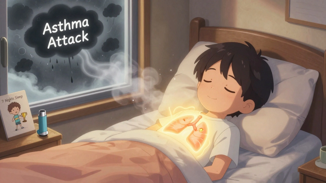 A boy sleeping peacefully with glowing lungs and dissolving asthma clouds outside.