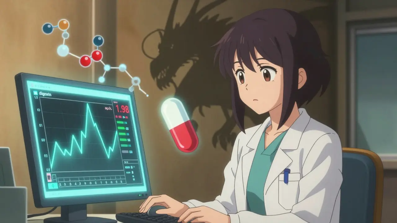 A cardiologist monitors a digoxin level spike on screen as a shadowy amiodarone pill looms behind her.