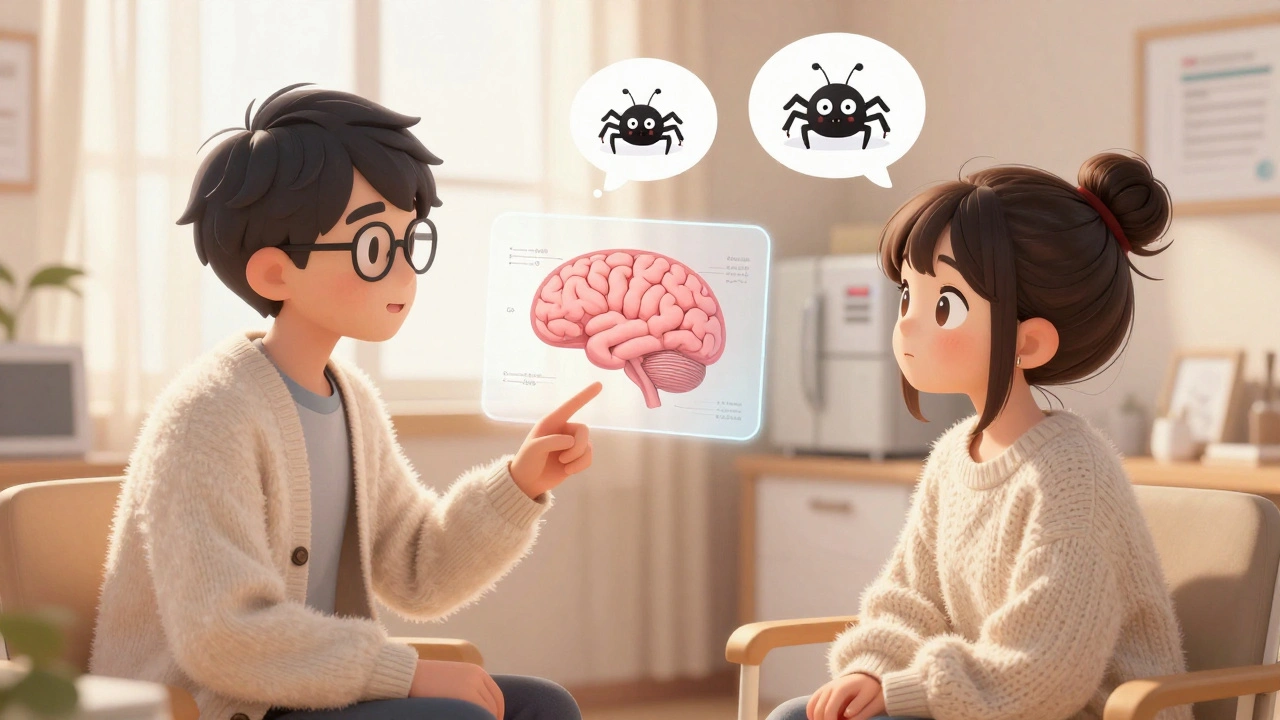 A counselor and patient study a brain diagram together in a cozy clinic, with tinnitus shown as a harmless spider.