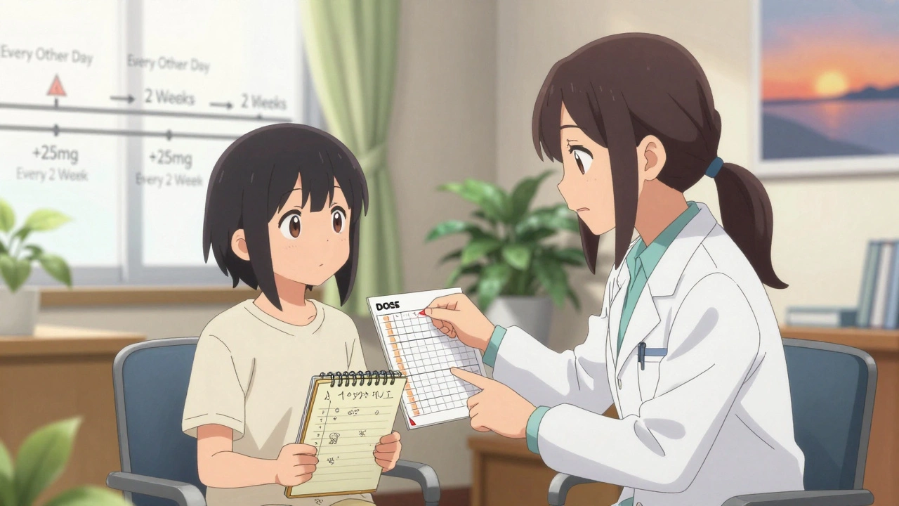 A doctor explains safe dosing to a teen patient using a visual timeline, both seated at a clinic table with sunlight streaming in.