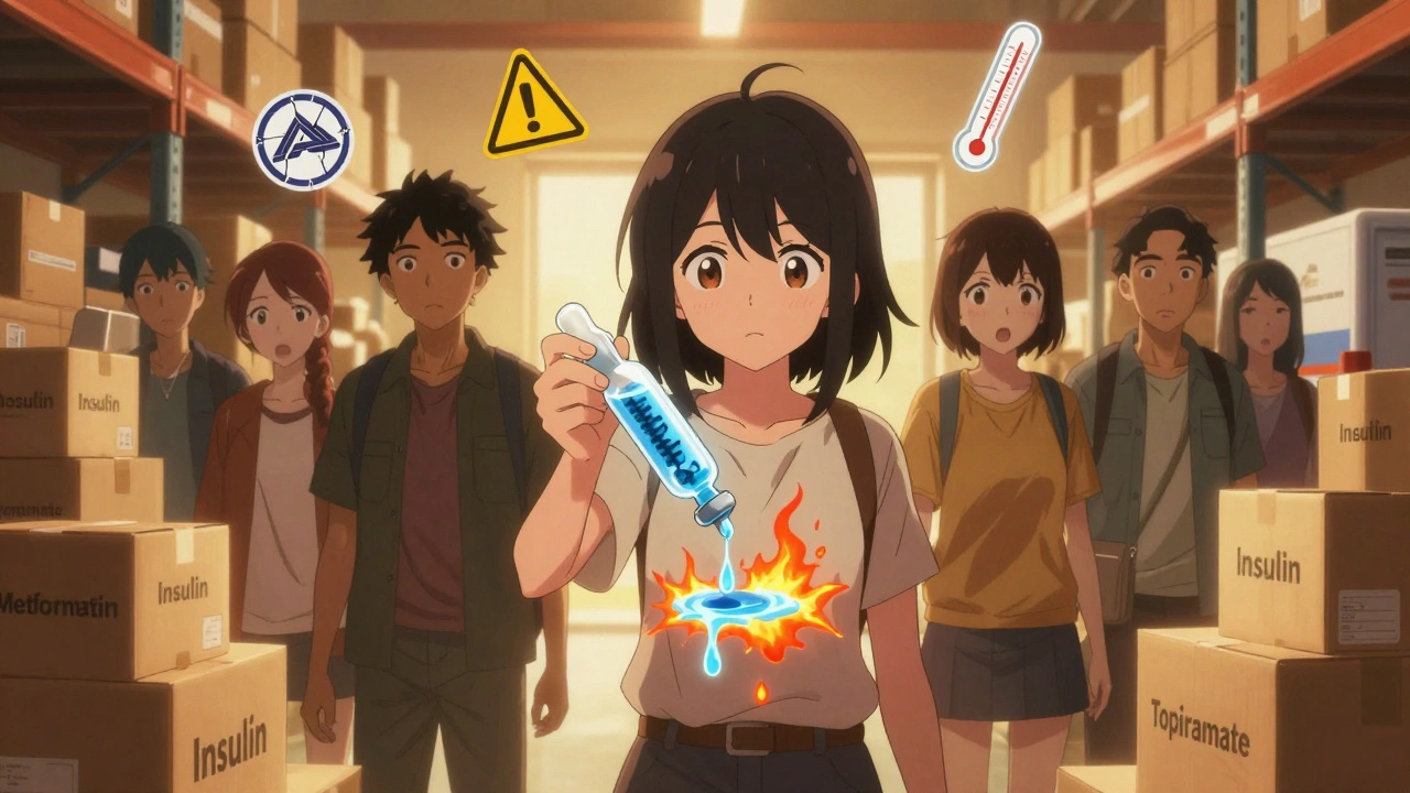 A girl holds a melted insulin vial in a warehouse filled with medication boxes, warning signs glowing in the background.