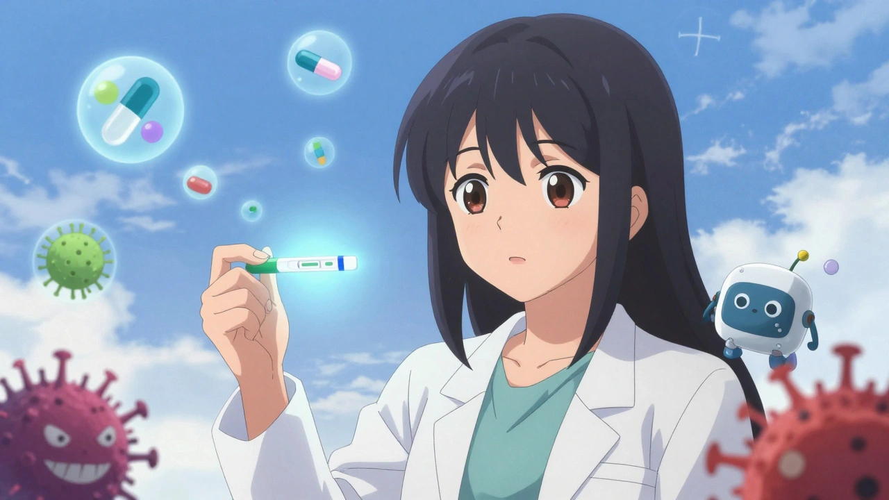 A girl holds a procalcitonin test while phage robots push back superbugs.