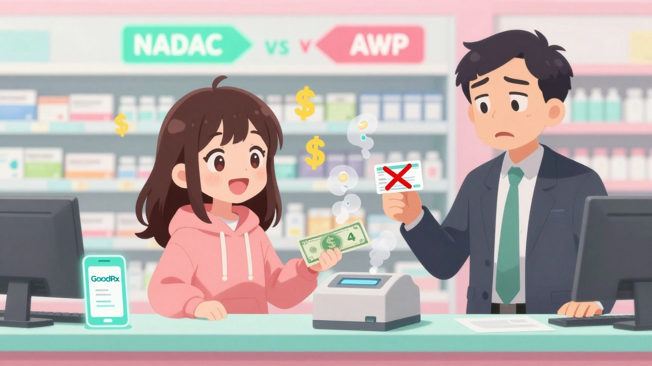 A girl paying  cash for medicine at a pharmacy while insurance card is rejected.