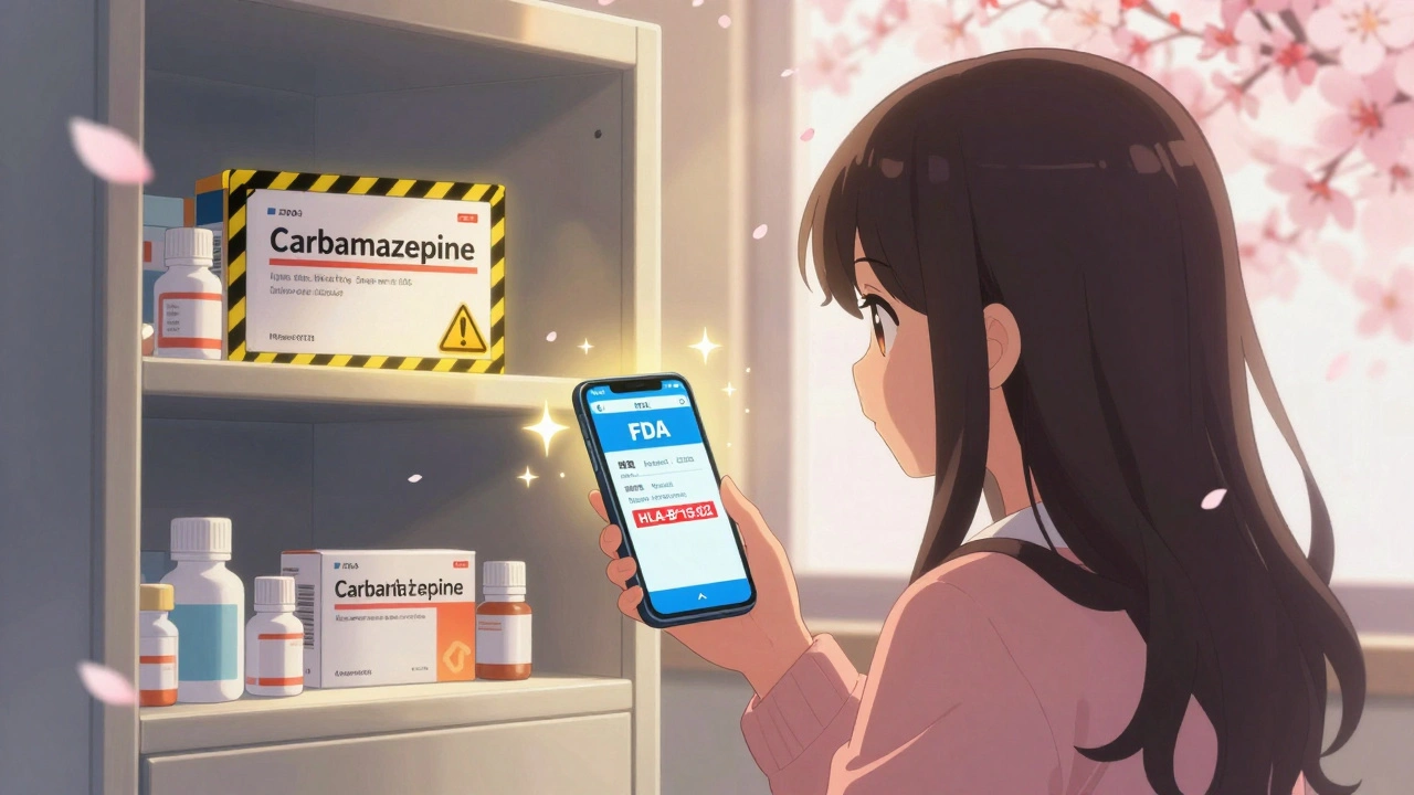 A girl sees a personalized genetic risk alert on her phone, glowing black box warning, cherry blossoms outside.