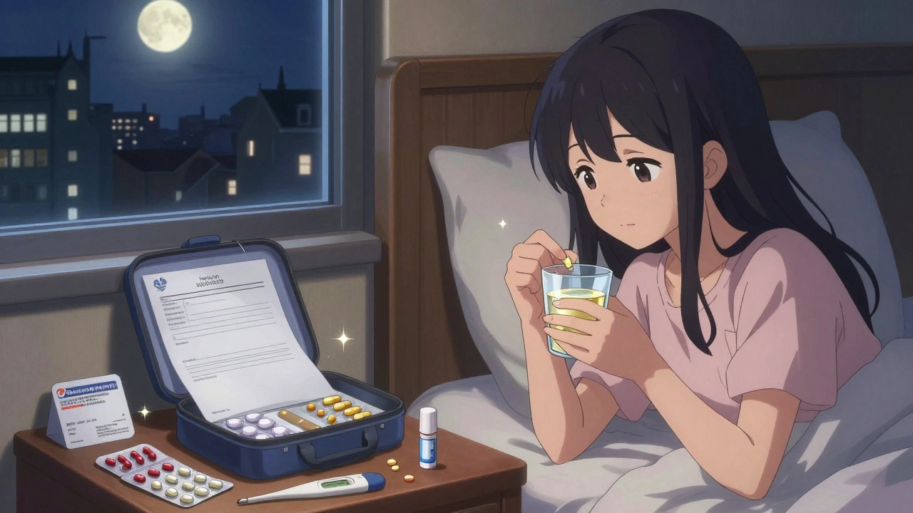 A girl takes antacids at night in a hotel room, with her travel medical kit and doctor’s letter neatly arranged on the nightstand.