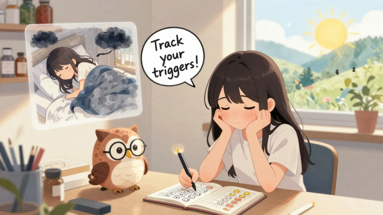 A girl tracks her migraines with a notebook and plushie owl, showing before-and-after scenes.