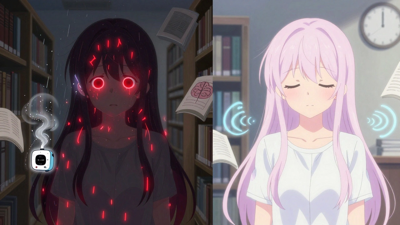 A girl transforms from anxious to calm in a library, with sound therapy mist and fading fear signals around her.