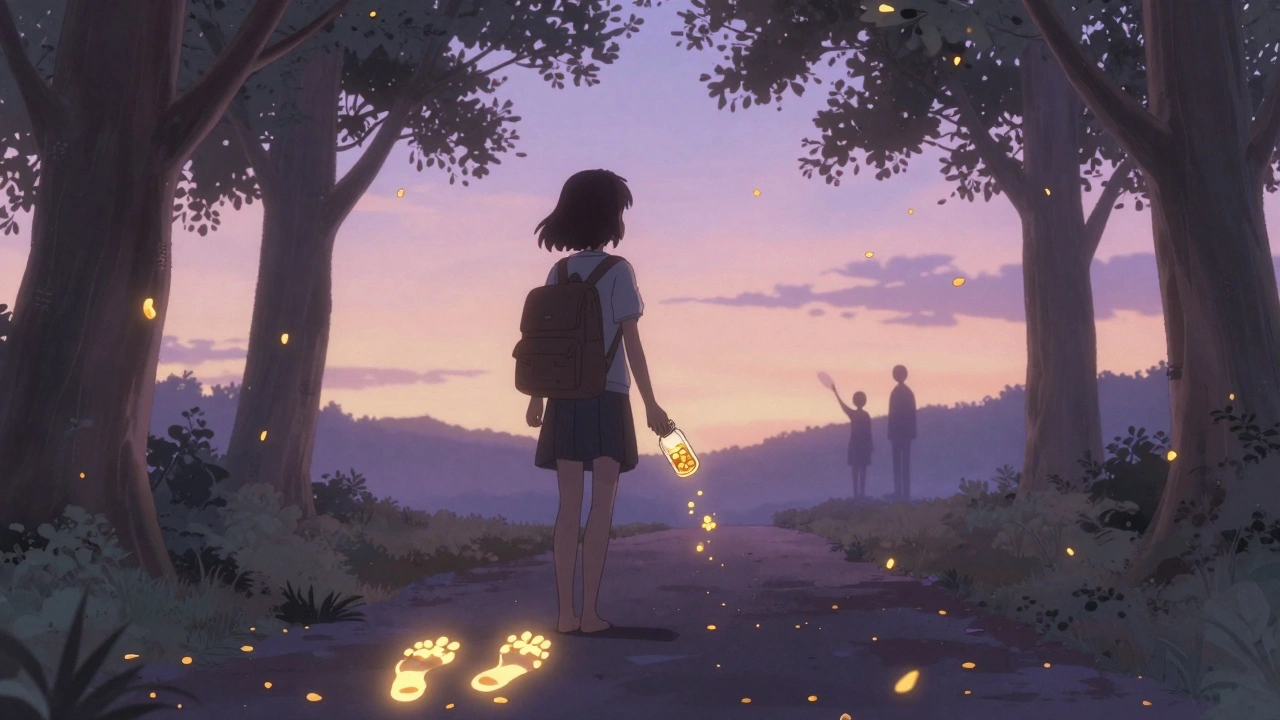 A girl walking through a forest as empty pill bottles turn into blooming flowers, symbolizing recovery.