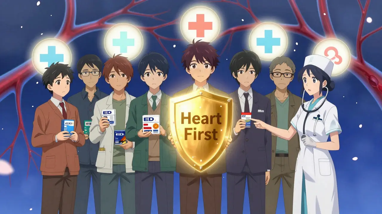 A group of men are stopped by a nurse as a glowing 'Heart First' shield protects them from dangerous drug interactions.