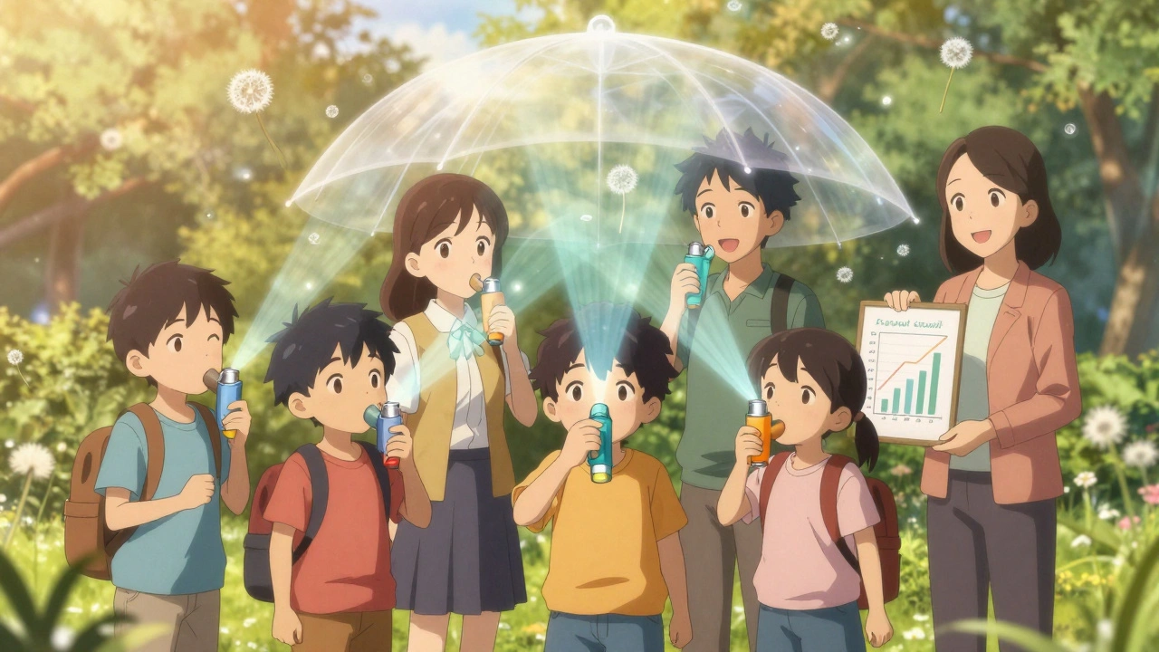 A group of people in a park with connected light beams from inhalers forming a protective dome.