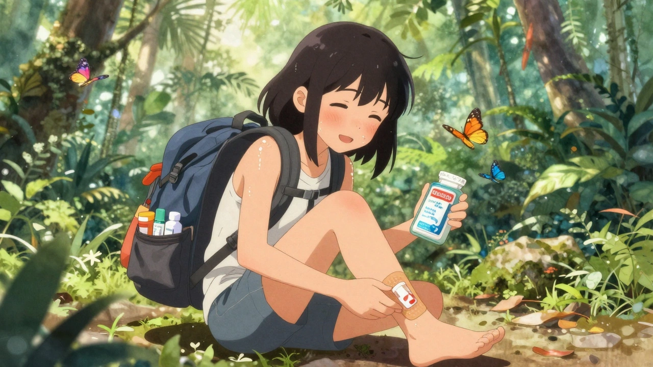 A hiker applies a blister pad on her foot while carrying insect repellent and water purification tablets during a tropical hike.