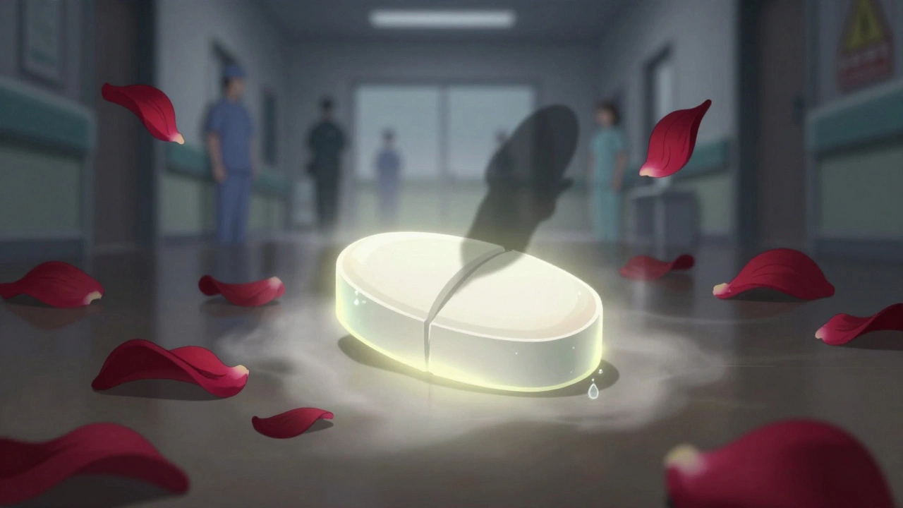 A lamotrigine pill dissolves into mist while a valproate pill casts a shadow, surrounded by red petals turning into warning signs.