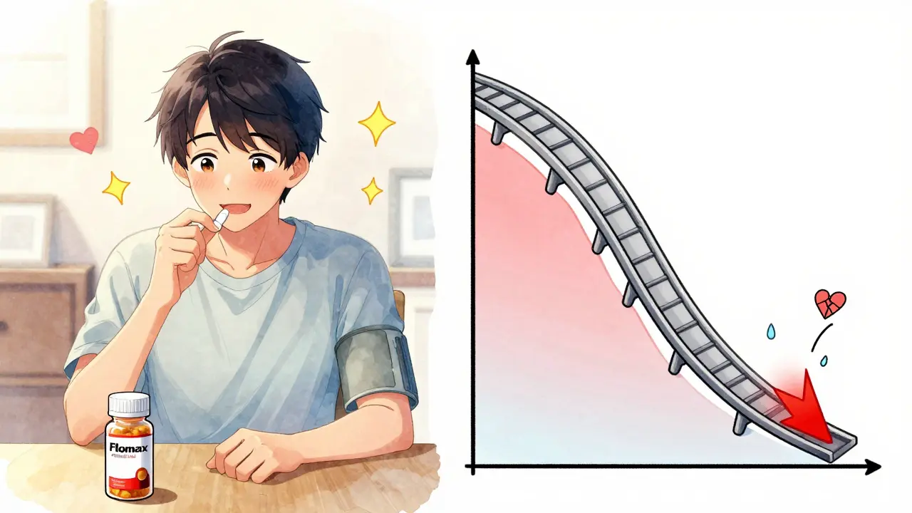 A man taking ED medication at home experiences a dramatic drop in blood pressure, shown with cartoonish dizziness effects.