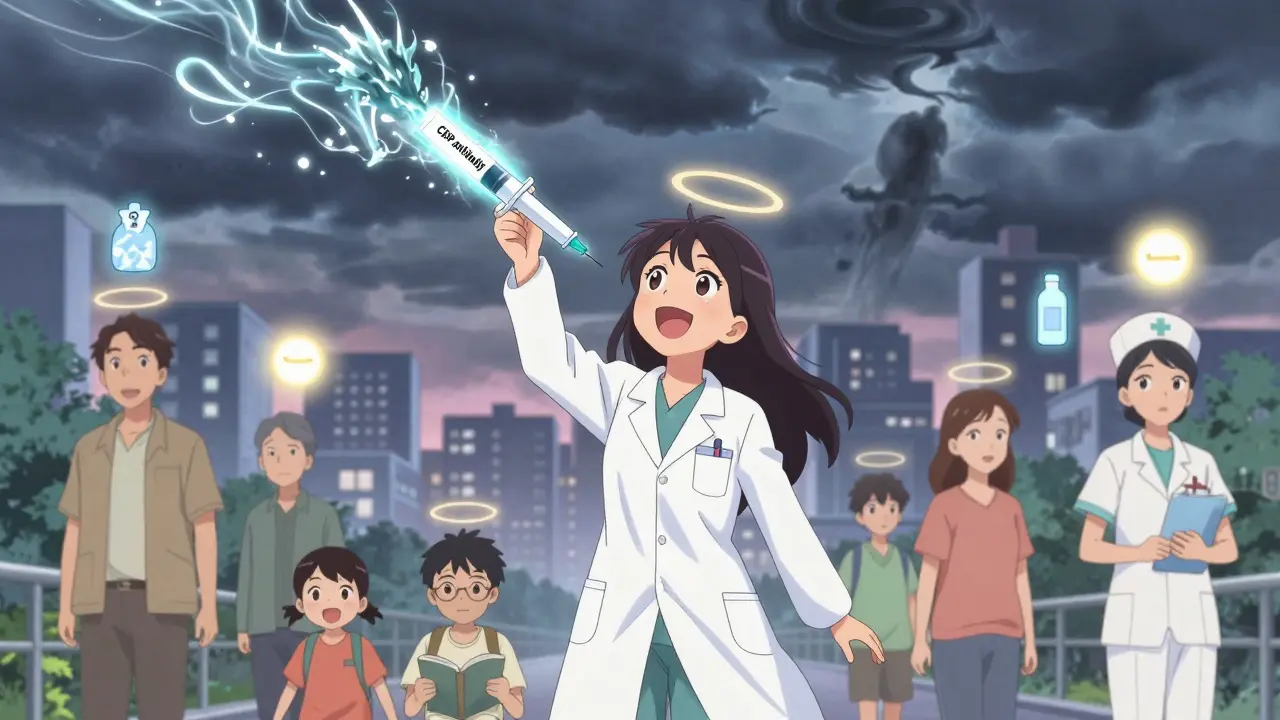 A medical character releases CGRP energy that lifts dark clouds over smiling patients.