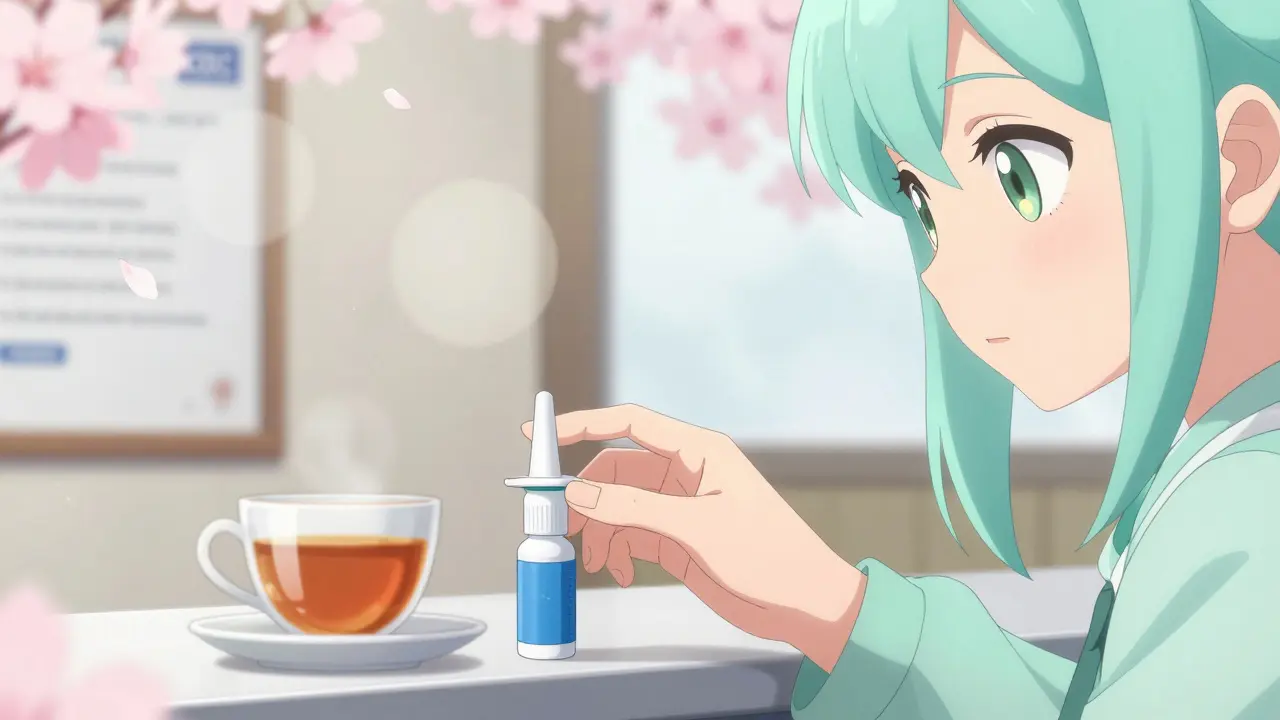 A naloxone kit is placed gently on a clinic counter beside a cup of tea.