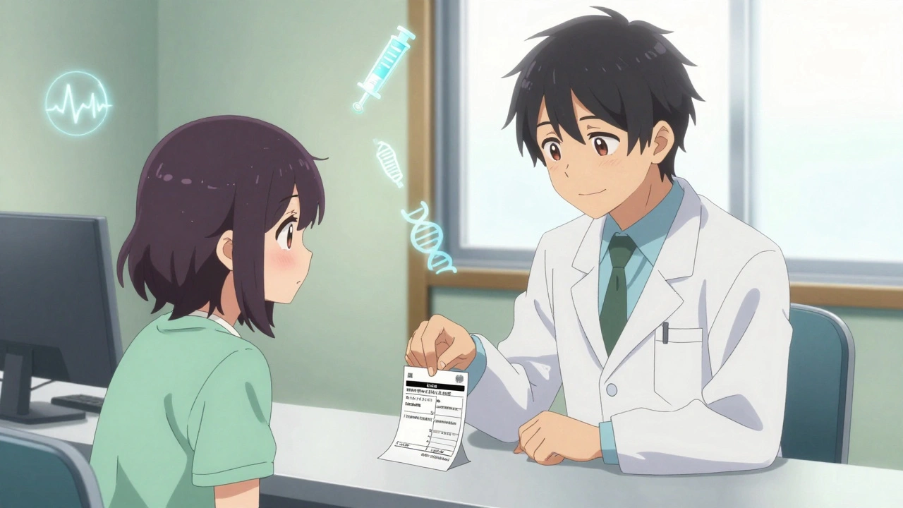 A pharmacist and teen examine a black box warning on a prescription, gentle clinic setting, anime aesthetic.