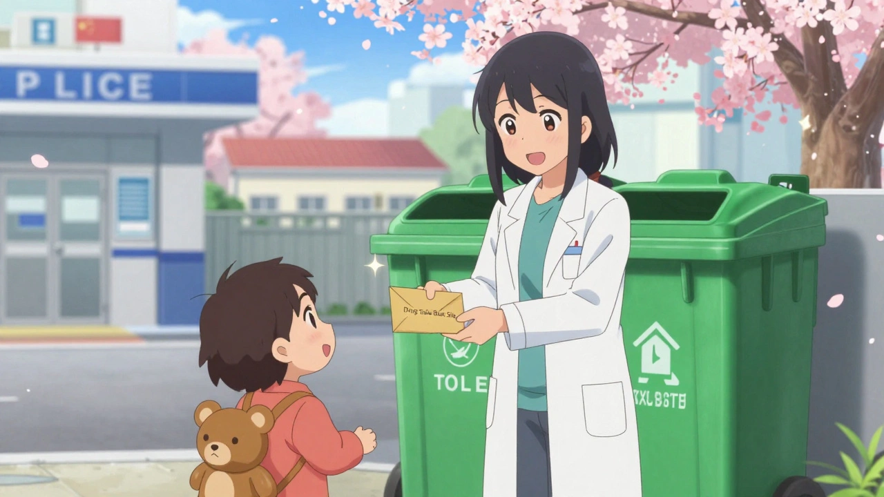 A pharmacist gives a child a take-back envelope outside a police station.