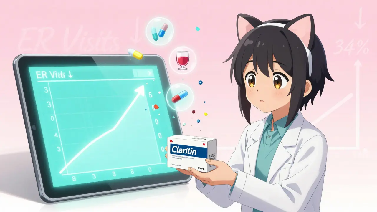 A pharmacist giving Claritin to a teen as dangerous drug icons shatter into confetti.