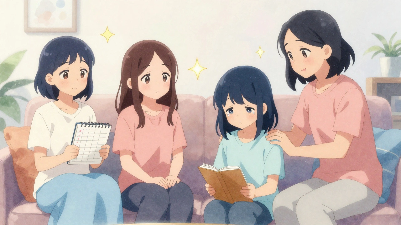 A supportive group of friends in a cozy room, one offering comfort to someone experiencing opioid withdrawal.