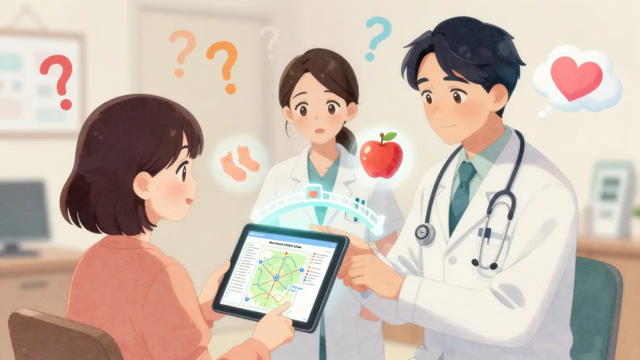 A survivor and doctors collaborate on a personalized care plan, with symbols of exercise, nutrition, and emotional support.