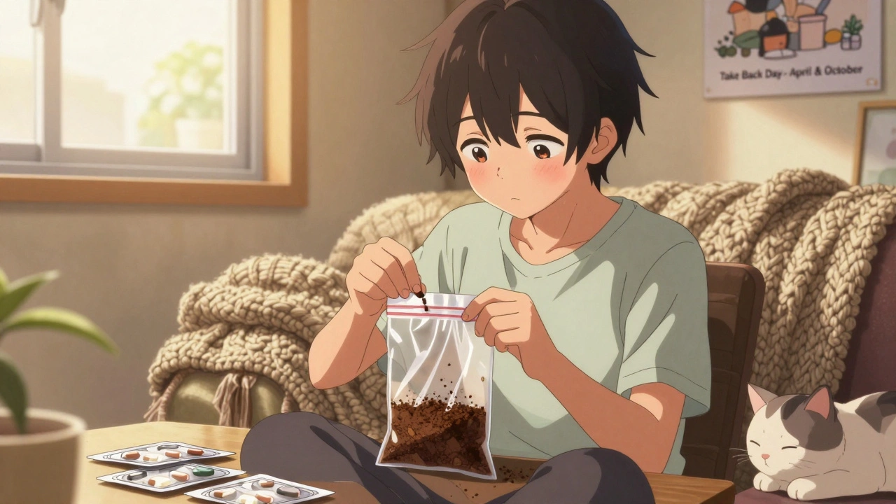 A teen mixing pills with coffee grounds in a sealed bag for safe trash disposal.